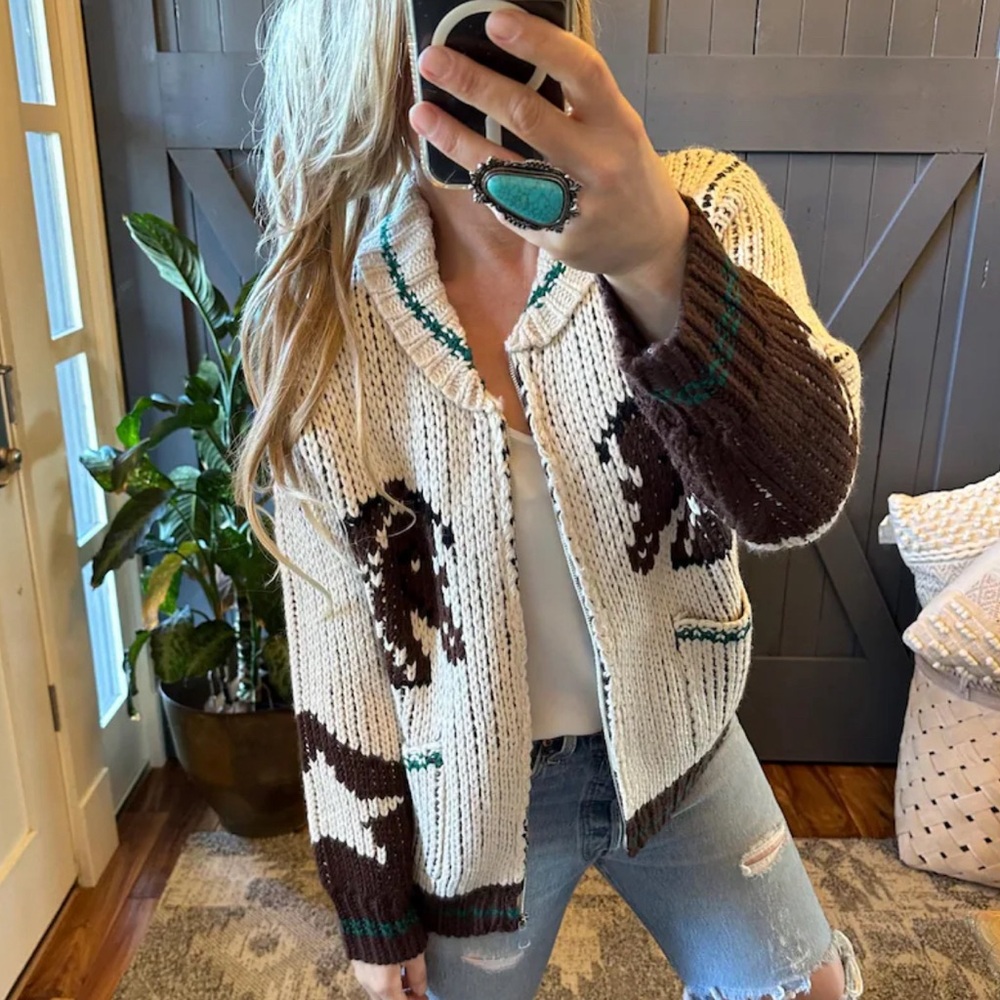 Knitted Horse Print Cardigan Sweater Western Rodeo Cowichan Vintage Quilted Coat - Picture 5 of 8